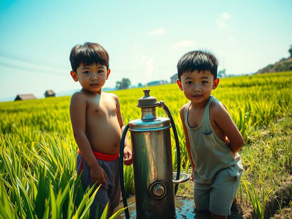Image generated by AI. Two Chinese boys at a water pump in a field.