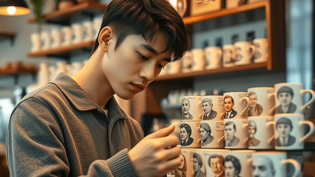 A young Korean man examining a mug in a coffee shop.RFM wants to develop talent, measuring it in a fair and equitable way to find hidden and disadvantaged talent in a world where not everybody has an equal chance to exhibit their abilities. RFM does not discriminate against anyone. The only personal criterium for publication is talent in use of English and in developing outstanding stories. Because RFM embraces the global community, RFM embraces differences, whether those are race, age, ethnicity, religion, gender, sexual orientation, or physical ability. RFM wants to see diversity in writing from around the world, from all time zones. RFM respects everyone’s voice and strives to create a culture in which people from all cultures, races, and backgrounds feel encouraged to express their ideas and perspectives.