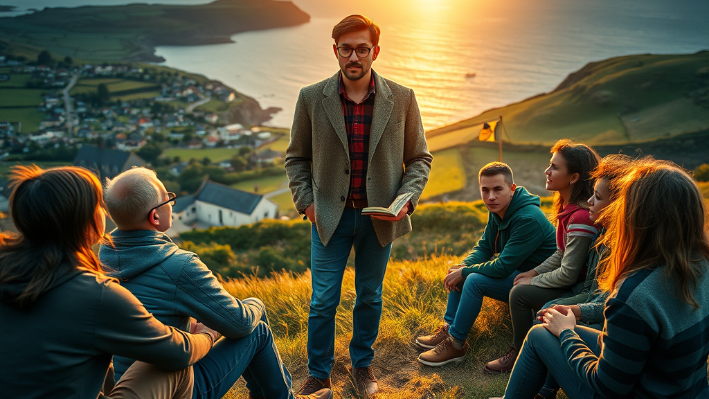 A highly detailed, high-resolution image that captures the essence of rural life, symbolizing diversity and inclusivity in storytelling. The scene should feature a picturesque rural landscape, blending elements from different cultures such as varied architecture, lush fields, and a diverse group of young people seated on a hill top, with the dark blue sea in the background and sunrise beyond it, listening intently to a young, intellectual Irish man in gold-rimmed glasses, a tweed blazer, and blue jeans as he is standing and is telling a story while facing the group. Soft, warm sunlight should illuminate the scene, creating a welcoming atmosphere. The style should be vibrant and realistic, emphasizing the beauty and drama of rural environments across the globe. Ensure the image has sharp focus to highlight the intricate details and expressions of the individuals, conveying a sense of community and shared narratives.