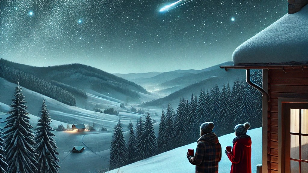 a winter landscape at night with no moon, dark sky, a meteor, and hundreds of bright stars with a man and a woman in winter coats standing on their back porch with cups of hot chocolate in their hands, looking at the stars. The landscape is rolling terrain covered deep in snow and bordered by tall evergreens. A light snow is falling.Short bio: Holly Day’s poetry has recently appeared in Analog SF, Cardinal Sins, and New Plains Review, and her published books include Music Theory for Dummies and Music Composition for Dummies. She currently teaches classes at The Loft Literary Center in Minnesota, Hugo House in Washington, and The Muse Writers Center in Virginia.